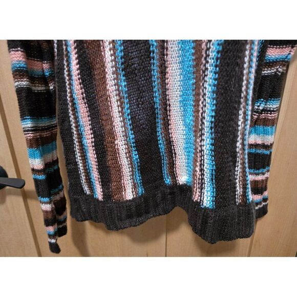 Rock & Roll Denim Striped Knit Sweater With Hood - Brown/Blue/White/Pink Boho - Picture 3 of 8